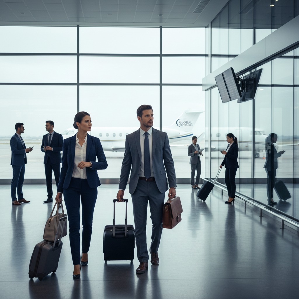imagem que ilustre viagem de negócios, para clientes corporativos, Executivos pegando avião ou com malas
