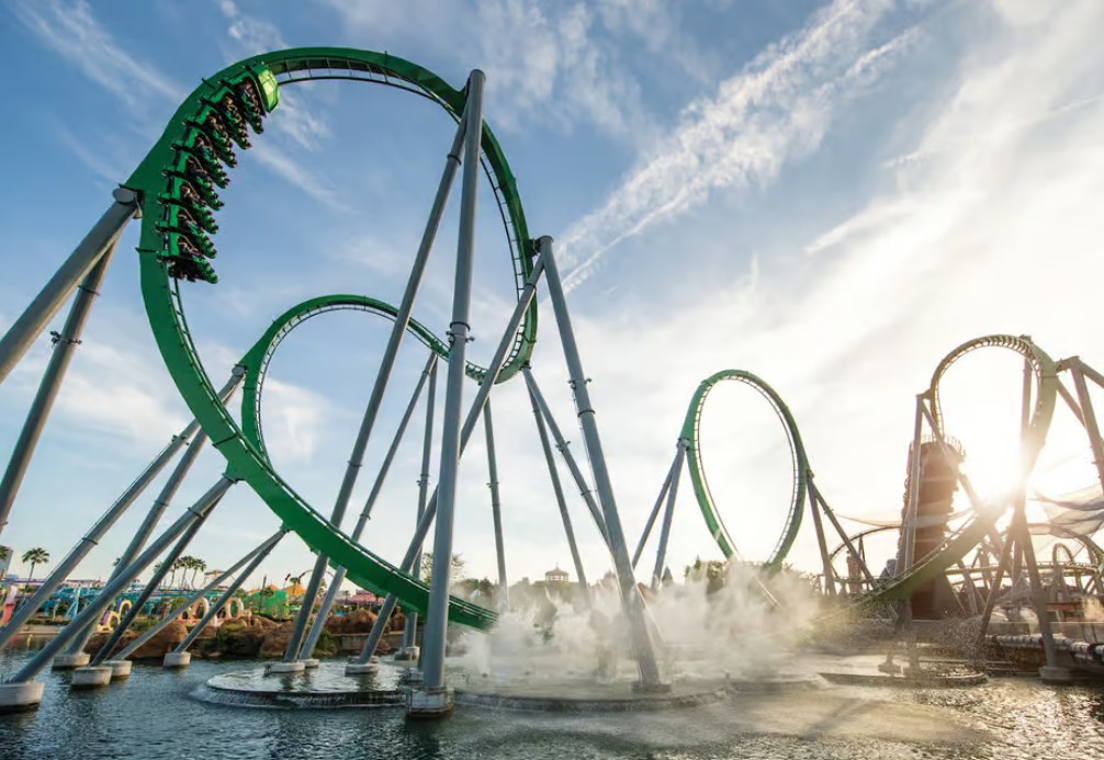 Trilhos verdes da montanha-russa The Incredible Hulk Coaster no Islands of Adventure da Universal Orlando