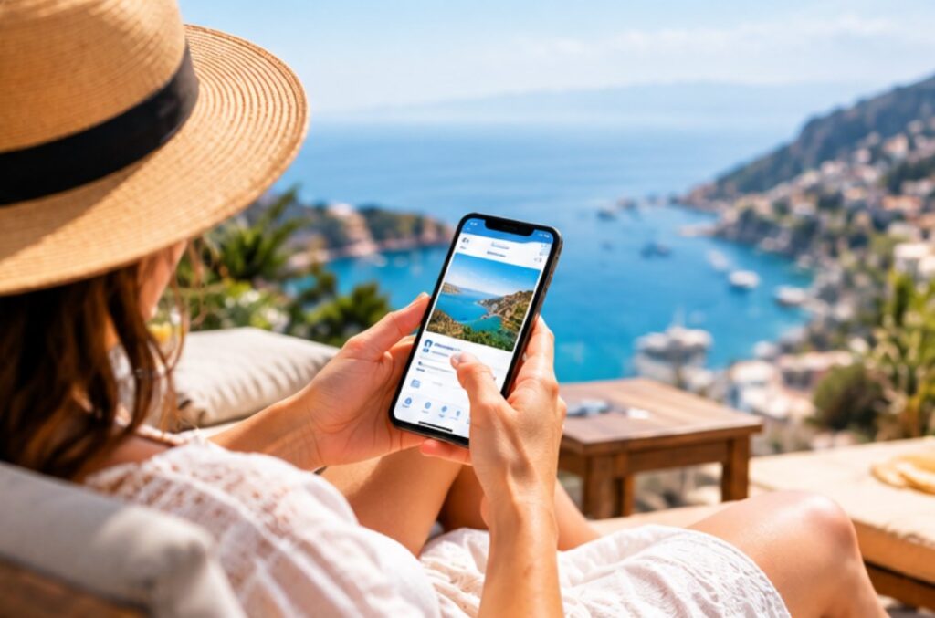 Viajante usando o celular com internet no exterior em um terraço com vista para o mar