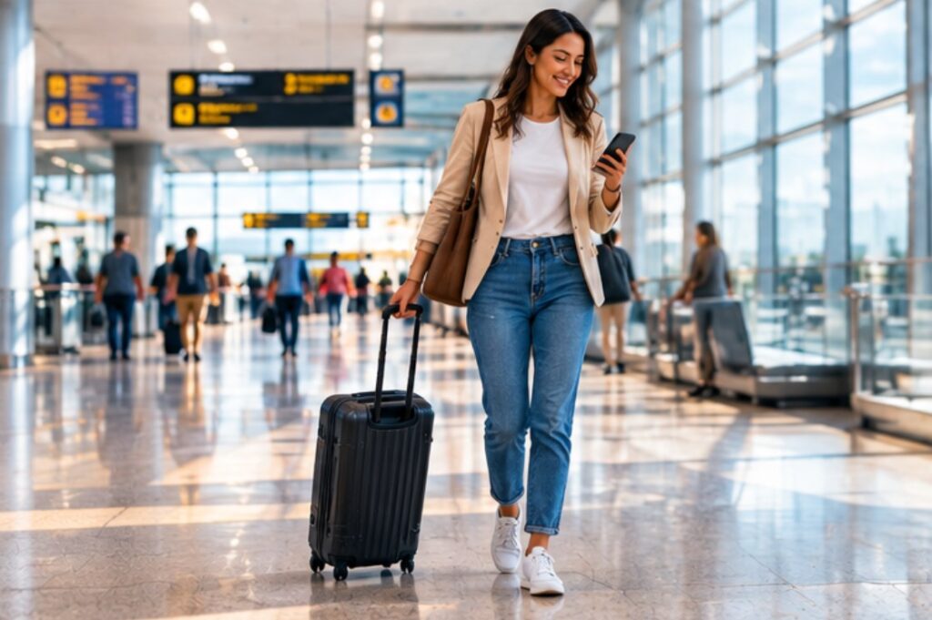 Viajante caminhando no aeroporto com mala e celular conectado à internet com eSIM