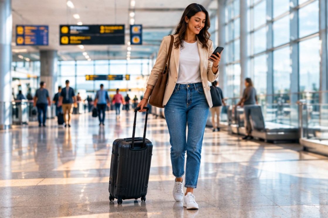 Viajante caminhando no aeroporto com mala e celular conectado à internet com eSIM