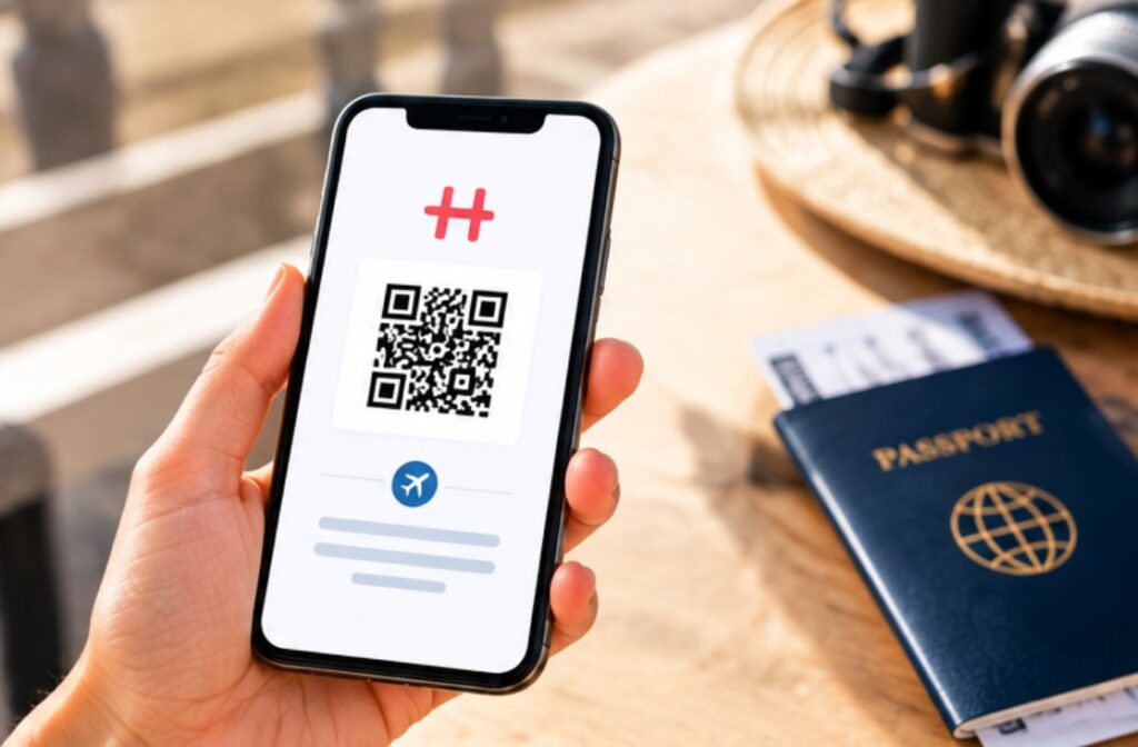 Celular exibindo o QR Code de instalação de um eSIM ao lado de um passaporte