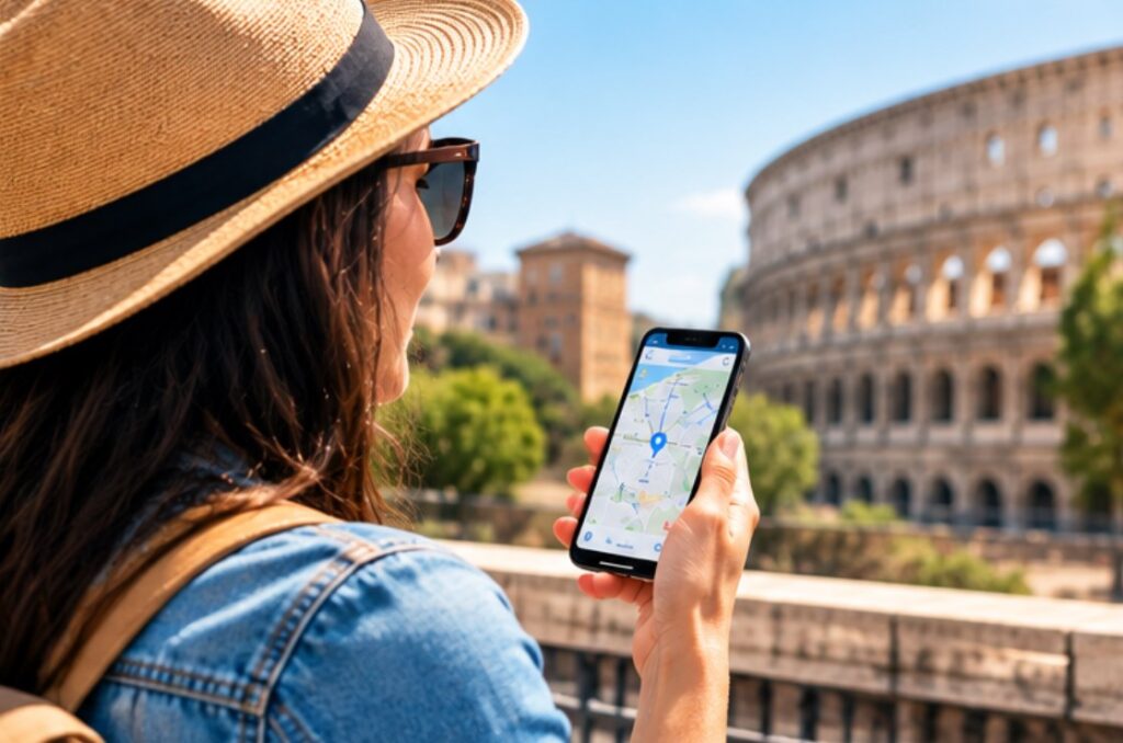Viajante usando o mapa no celular em frente ao Coliseu, em Roma, com internet de eSIM